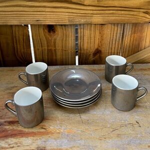 8 Piece Set Pottery Barn Japan Silver & White Porcelain 2oz Demi Cups & Saucers